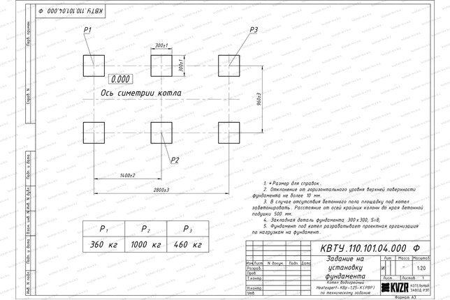Чертеж изготовления фундамента котла КВр 1.28 с ОУР