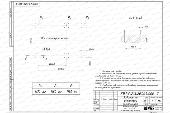 Чертеж изготовления фундамента котла КВр 2.5 с колосниками